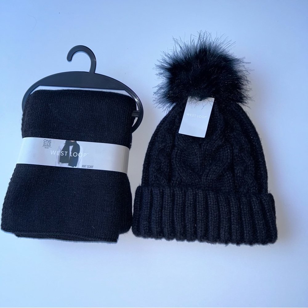 West Loop Black Knit Hat with Pom Pom